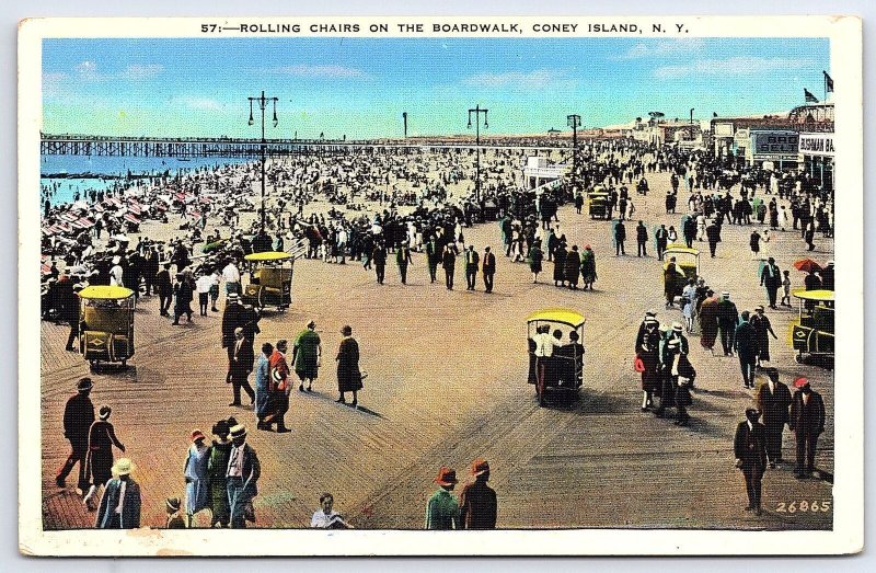Rolling Chairs On The Boardwalk Coney Island New York Crowd Near Beach Postcard