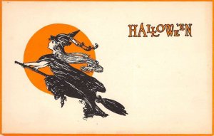 Hallowe'en Witch On Broomstick Across Orange Full Moon, Gibson Art Co., PC U1312