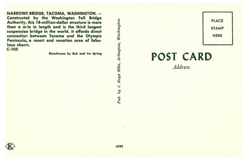 Postcard Narrows Bridge Tacoma Washington C-105