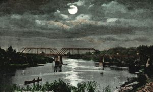 Vintage Postcard 1900's Thames River London Bridge at Night Ontario Canada CAN