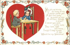 Tuck Valentine Ser 110 Little Boy and Girl Drinking Juice c1910 Postcard