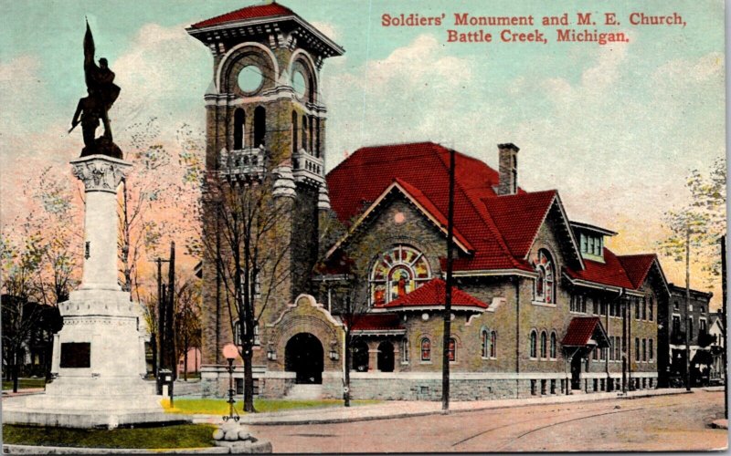 Postcard Soldiers' Monument and M.E. Church in Battle Creek, Michigan