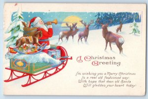 Christmas Postcard Greetings Deer Santa Claus Sled With Toys Winter Snow 1929