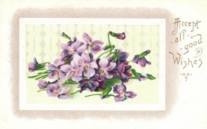 Postcard 1910's Accept All Good Wishes Greetings Card Purple Mini Flowers Blooms