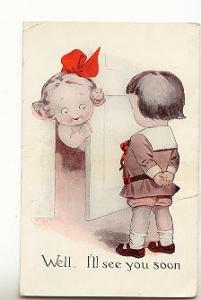 I'll see you soon, Cute Girl with Red Bow Boy at Door, Children Romantic