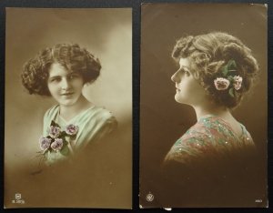 Edwardian 3 GLAMOUR BEAUTY LADY with FLOWERS c1913 Sepia Hand Tinted RP Postcard