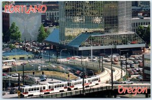 Postcard - Light rail, entering downtown from the Steel Bridge - Portland, OR