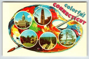 Postcard Greetings From Connecticut Chrome Paint Pallet Paintbrush Colorful