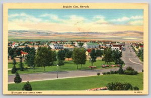 Boulder City Nevada~Skyline View~Streetlamps~Park~1938 Linen Postcard