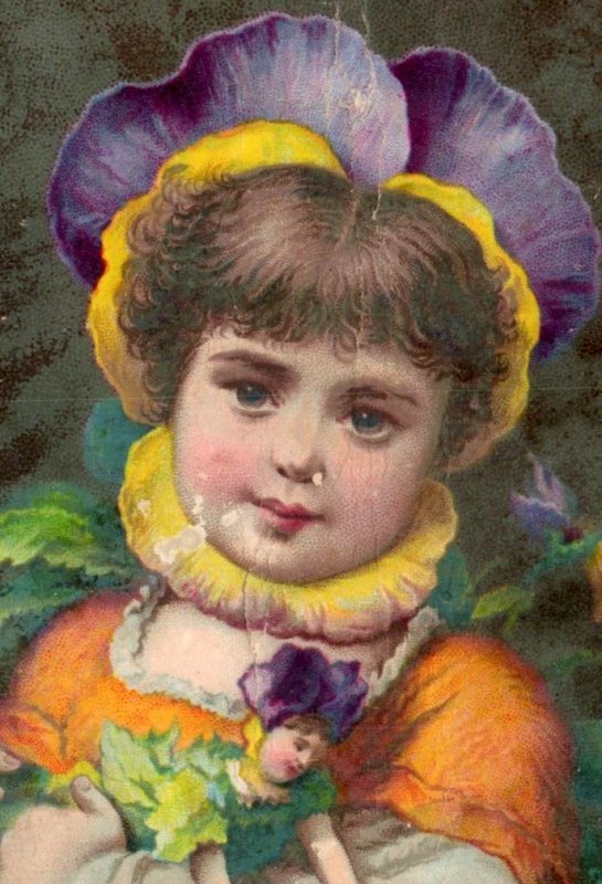 1880s Christmas Card Pansy Flower-Head Child & Doll Poem On Back F145