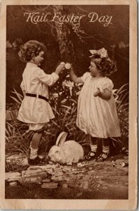 Hail Easter Day Children Egg and Bunny Rabbit 1915 Postcard V1