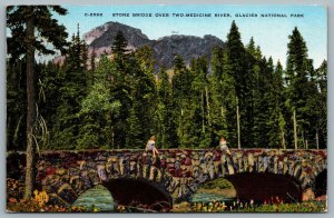 Postcard Glacier National Park MT c1950s Stone Bridge Over Two Medicine River