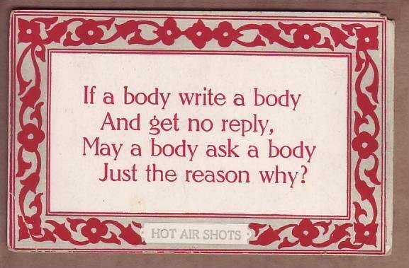 Hot Air Shots Comic Postcard Poem no reply reason why Unused postcard