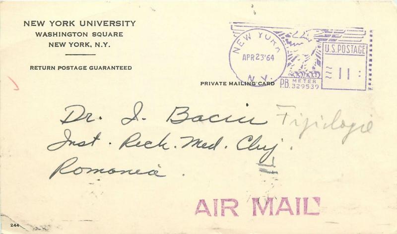 New York University Washington Square doctors correspondence card 1964 Romania