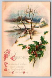 A Happy Christmas, Rhyme, Holly, Rural Church Scene, Antique Wolf & Co Postcard