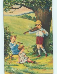 Pre-Linen foreign EUROPEAN BOYS PLAY VIOLIN AND FLUTE MUSIC FOR GIRL J5359