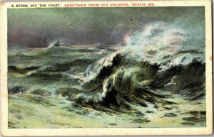 Storm Off the Coast, Greetings from Old Orchard Beach ME Vintage Postcard B53