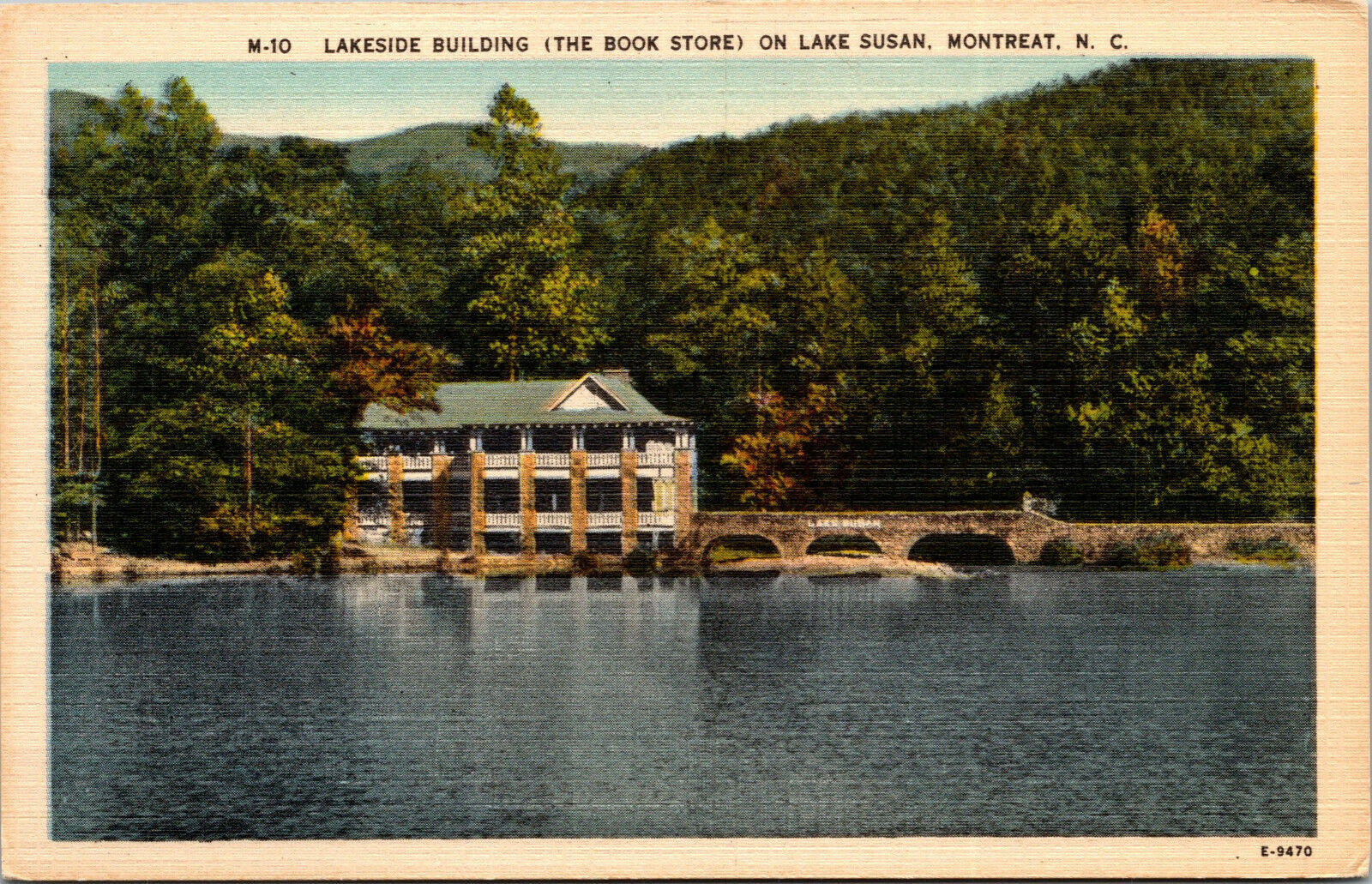 Vtg Montreat NC Lakeside Building Book Store Lake Susan 1930s Linen