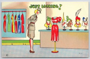 Vintage Postcard Policewoman Just Looking for Beautiful Red Dress in Shop Comics