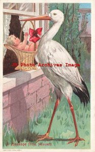 Baby Announcement, Stork Bringing Baby in Wicker Basket to Window,Gray Litho 182