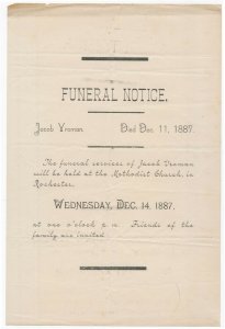 Funeral Notice For Jacob Vroman Died December 11 1887 Rochester Minnesota