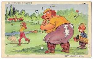 We Are Having a Ripping Time, Unused Funny Curteich Linen Postcard, Golf