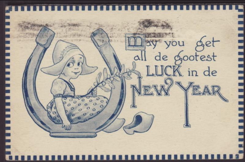 New Year,Dutch Girl,Horseshoe Postcard