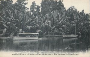 The entrance to New Guinea Arapokina scenic landscape & boats vintage postcard 