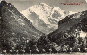 Interlaken Hotel Jungfraublick und Jungfrau BW Antique Postcard WOB Postale 