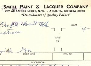 1969 SMITH PAINT & LACQUER COMPANY ATLANTA GEORGIA BILLHEAD INVOICE Z920