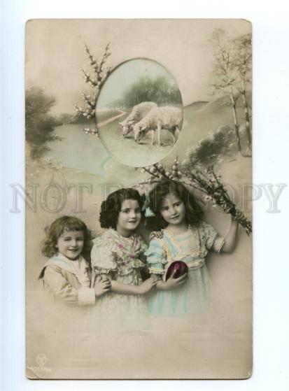 177629 EASTER Girls SHEEP Egg Vintage PHOTO Collage PC