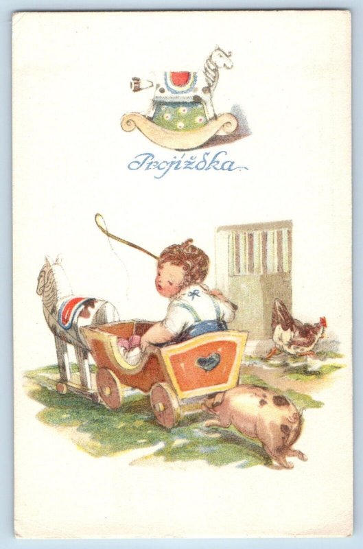 Czech Republic Postcard Little Boy Playing Horse And Wagon Pig Chicken Hen Scene