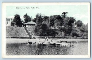 c1920 Pike Lakes Building Stairs Boats River Side Park Falls Wisconsin Postcard