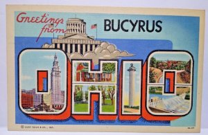 Greetings From Bucyrus Ohio Large Big Letter Linen Postcard Curt Teich Unused