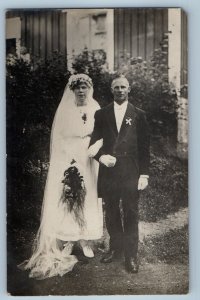 c1910's Couple Wedding Church Backyard Sweden RPPC Photo Antique Postcard