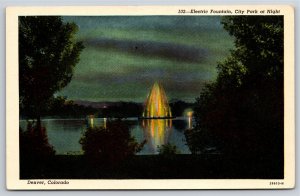 Denver Colorado~Electric Fountain Illuminated In City Park At Night~Vintage PC