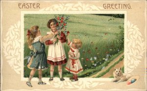 Easter Children Pick Flowers Dog Embossed c1900s-10s Postcard