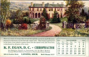 Lansing MI Michigan  K.F. EGAN D.C.~Chiropractor  1912 Advertising Postcard