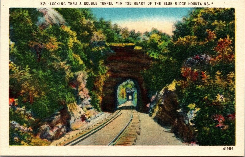 Double Tunnel View Train Tracks Autumn Time Blue Ridge Mountains Postcard Unused 