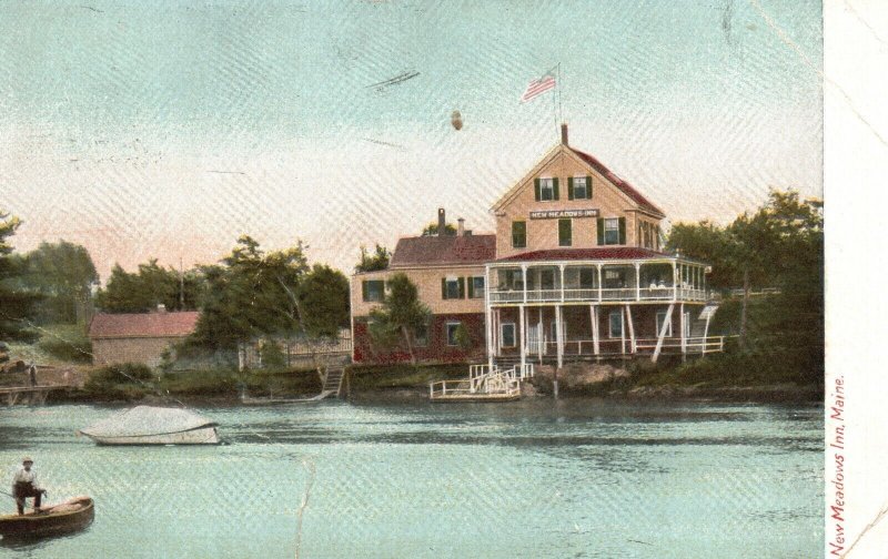 Vintage Postcard 1909 New Meadows Inn Maine ME Man on Boat in Water scene