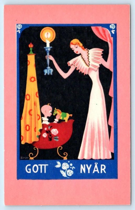 Signed Artist BIRGER Scandinavian ART DECO ~ GOTT NYAR New Years Glamor Postcard 