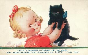 GIRL w/ BLACK CAT ARTIST SIGNED TEMPEST ANTIQUE POSTCARD 