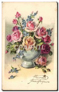 Old Postcard Fancy Flower Happy Birthday