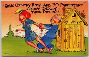 Lovers Grabbing Her Arm Country Boy In Art Gallery Comic Card Postcard