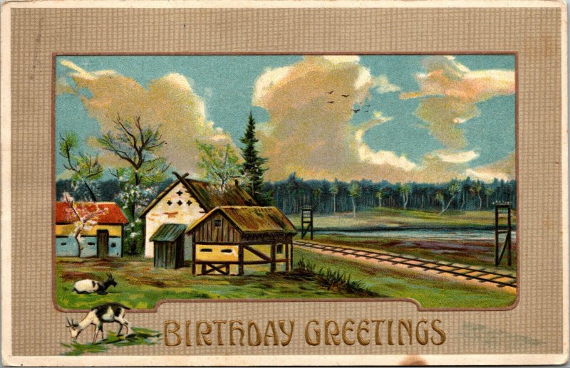 Vtg 1910s Birthday Greetings Farm Scene Barn Cabin Embossed Postcard