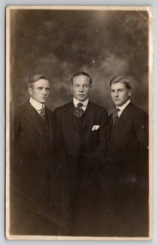 RPPC Three Attractive Young Men Redfields Studio NYC Photo Postcard W21