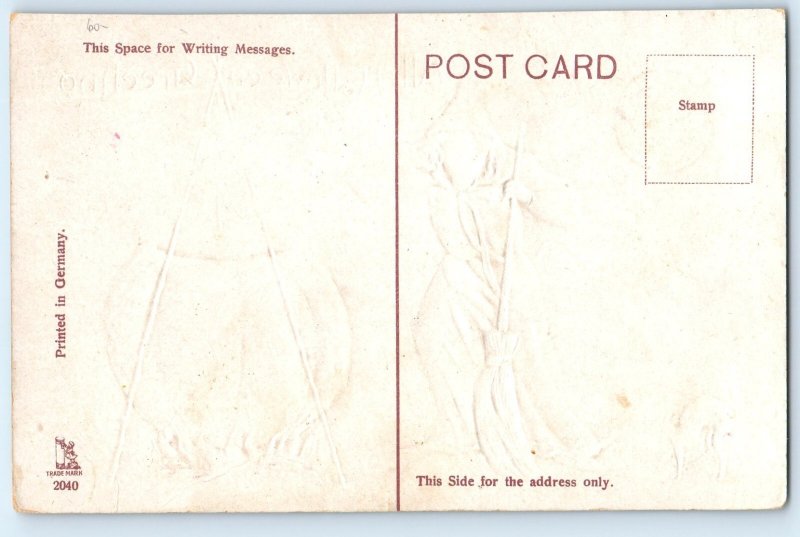 c1910's Halloween Greetings Witch Cauldron Cooking Black Cat Bats Postcard