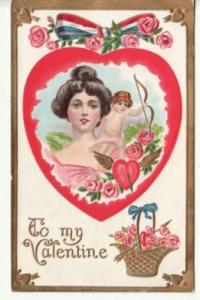 VALENTINE   PRETTY LADY & CUPID  postcard