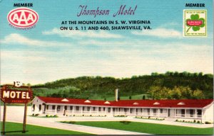 Linen Postcard Thompson Motel US 11 and 460 in Shawsville, Virginia