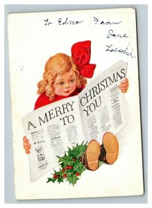 Vintage 1910's Winsch Back Christmas Postcard Girl Reads Newspaper Mistletoe